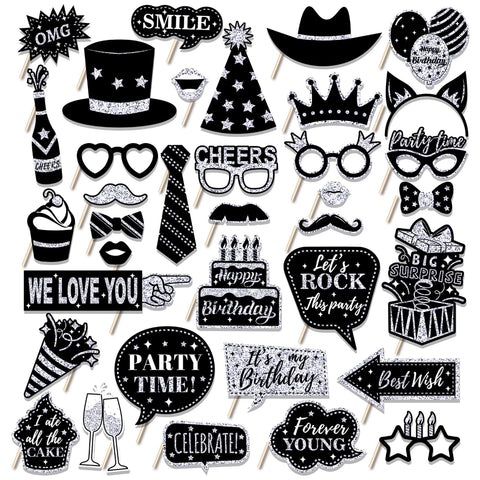36 Silver Birthday Photo Booth, Party Photo Booth Props Photo Booth Props Photo Box Accessories with Hat Crowns for Birthday Wedding Graduation Christmas New Year's Eve Party Accessories