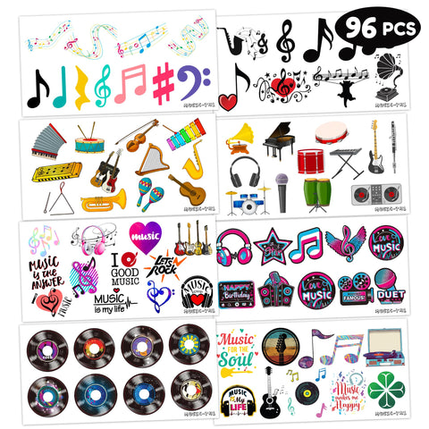 Generic Music Temporary Tattoos Birthday Party Supplies Favors Decorations Super Cute 96PCS Fake Tattoos Stickers for Boys Girls School Classroom Rewards Gifts Ideal Halloween