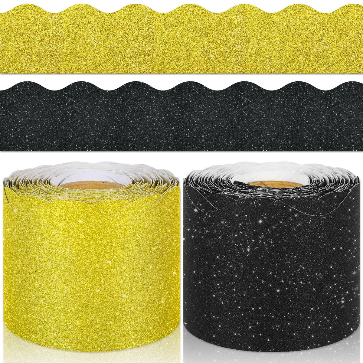 Whaline 131.2ft Glitter Bulletin Board Borders 2 Rolls Black Gold Die-Cut Bulletin Board Stripes Rolled Bulletin Board Trim for Graduation Birthday School Classroom Office Chalkboard Decoration