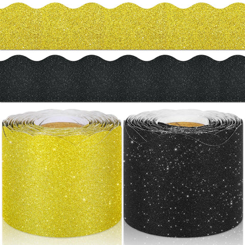 Whaline 131.2ft Glitter Bulletin Board Borders 2 Rolls Black Gold Die-Cut Bulletin Board Stripes Rolled Bulletin Board Trim for Graduation Birthday School Classroom Office Chalkboard Decoration