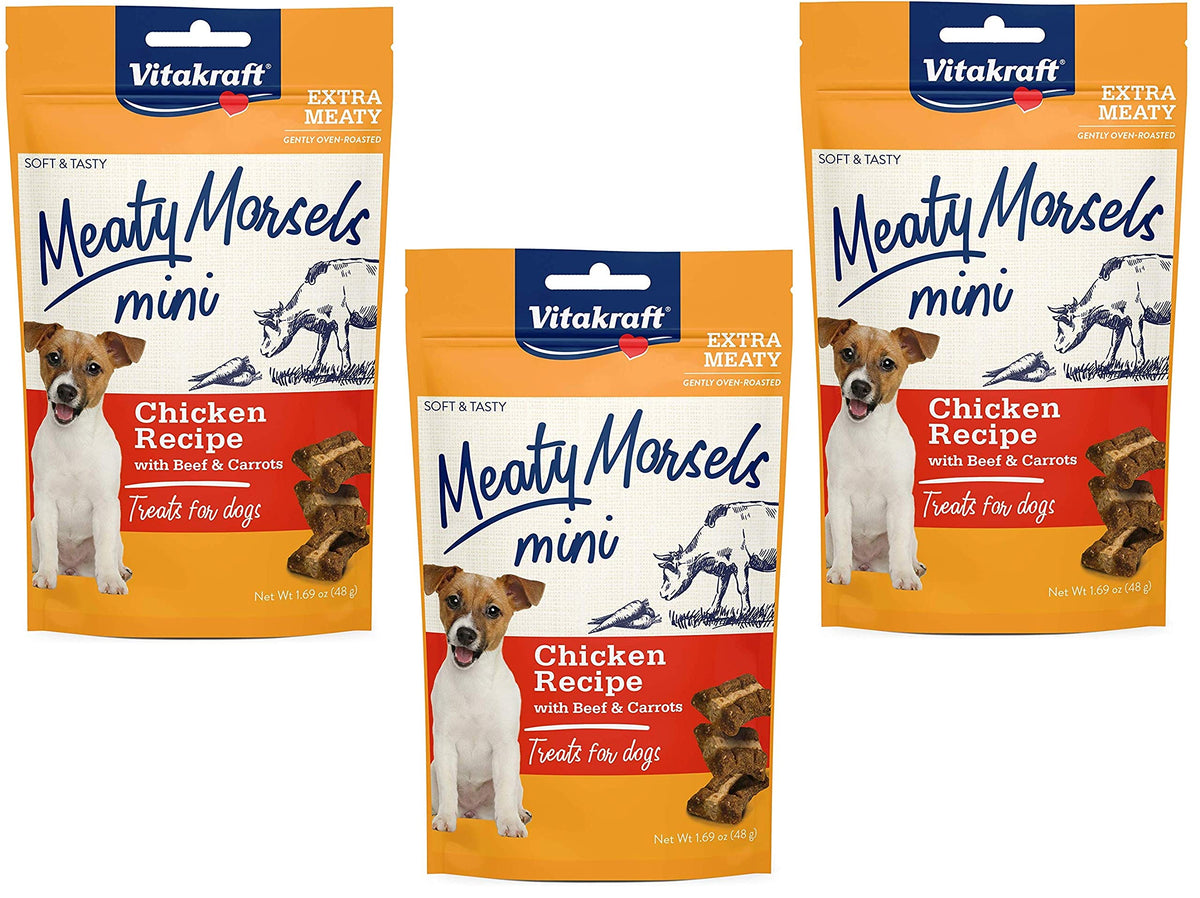 Vitakraft 3 Pack of Chicken Mini Meaty Morsels Dog Treats, 1.69 Ounces Each, with Beef and Carrots