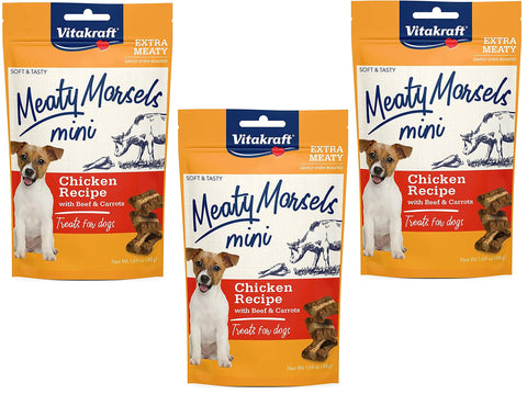 Vitakraft 3 Pack of Chicken Mini Meaty Morsels Dog Treats, 1.69 Ounces Each, with Beef and Carrots