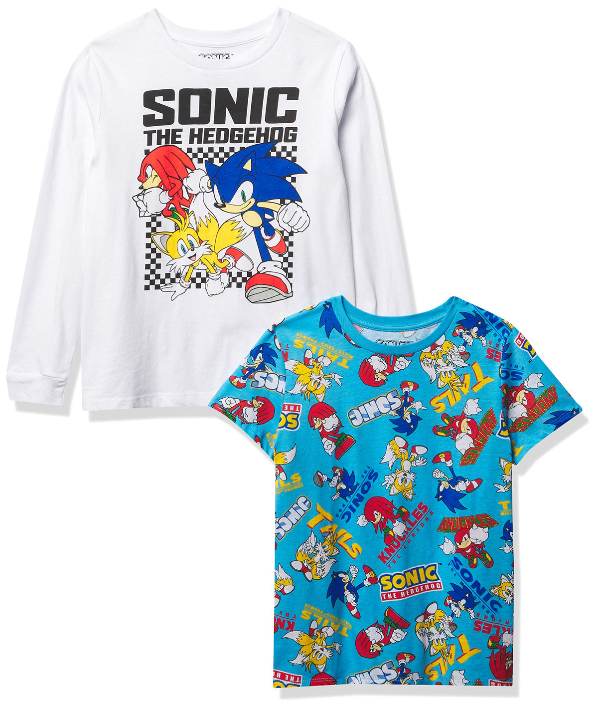 Sega Big Hedgehog 2-Piece Short Tee & Long Sleeve T-Shirt Bundle Set-Sonic, Tails, Knuckles-Boys Sizes 4-20, Light Blue/White, 10-12