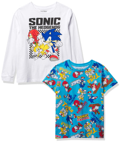 Sega Big Hedgehog 2-Piece Short Tee & Long Sleeve T-Shirt Bundle Set-Sonic, Tails, Knuckles-Boys Sizes 4-20, Light Blue/White, 10-12