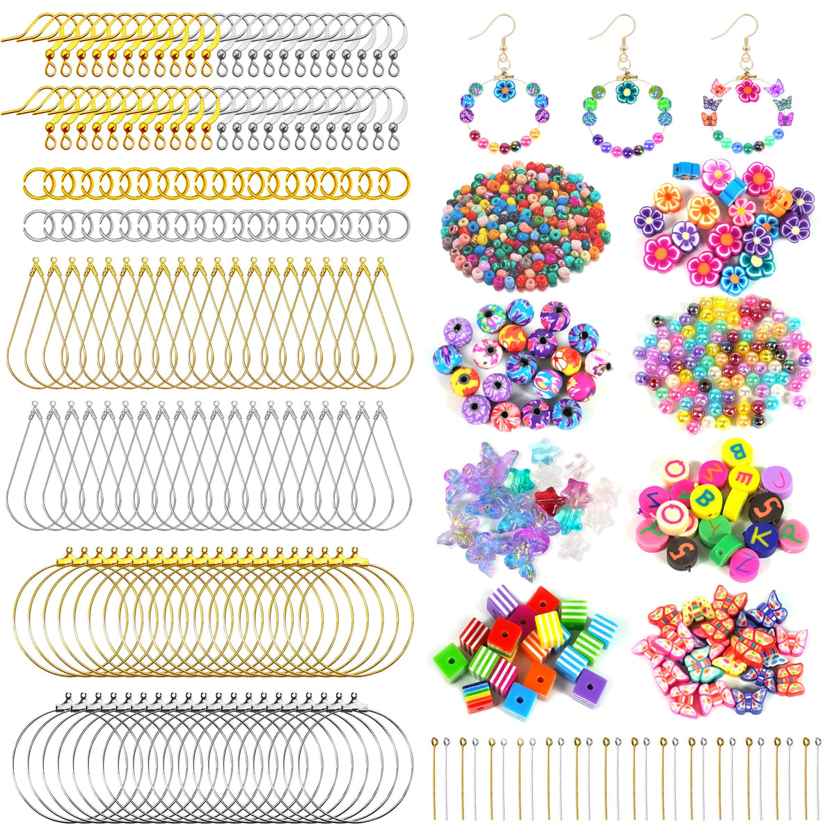 Earring Making Kit with 940 PCS Beading Hoop Earring Finding Component Accessories Hooks Jump Rings Loop Earring Backs Beads and Charms for Jewelry Making Earring DIY Craft