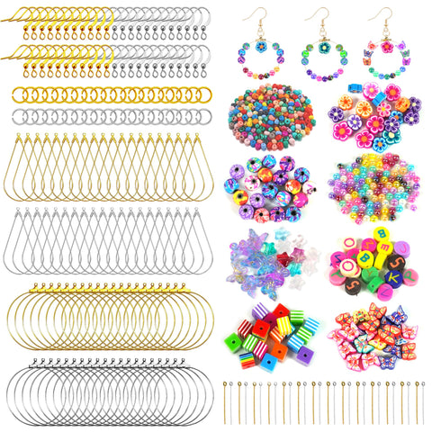Earring Making Kit with 940 PCS Beading Hoop Earring Finding Component Accessories Hooks Jump Rings Loop Earring Backs Beads and Charms for Jewelry Making Earring DIY Craft