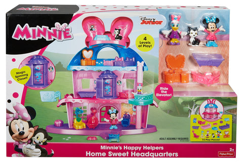 Minnie Mouse's Home Sweet Headquarters is a 4-level dollhouse playset with five rooms of play and features three figures, 12 play pieces, an elevator, and Minnie's magic Turnstyler fashion closet.