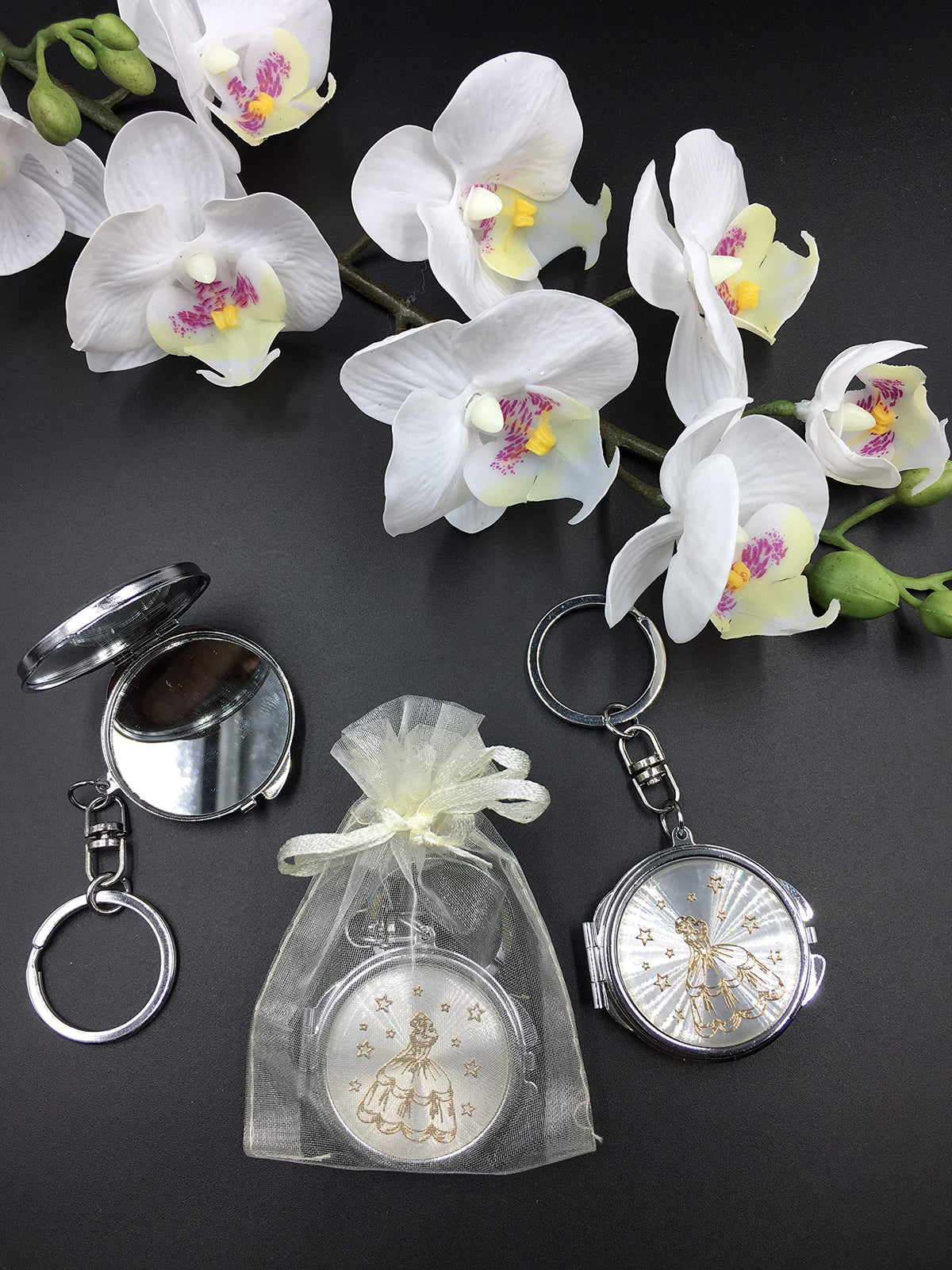 (12) New QuinceaÃƒÆ’Ã‚Â±era Recuerdos. My Sweet 15 Princess Celebration Gifts Silver/Gold Plate Mirror Keychain Party Favor Set With Organza Bags