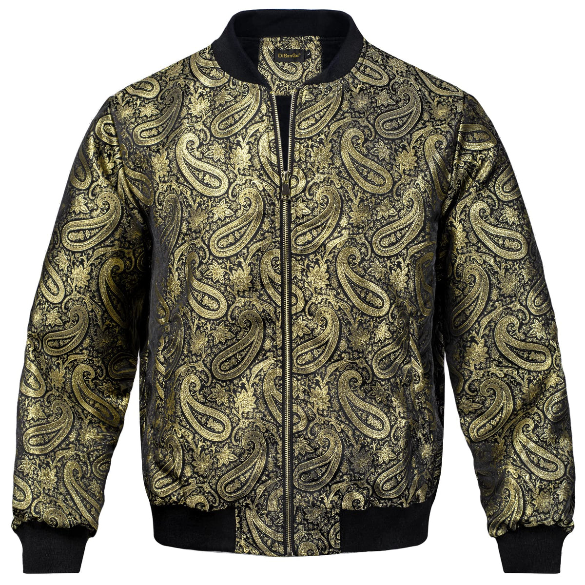 DiBanGu Mens Jacquard Paisley Jacket Casual Zip Lightweight Windbreaker Bomber Jacket Warm Coat Outwear with Pockets Black and Gold
