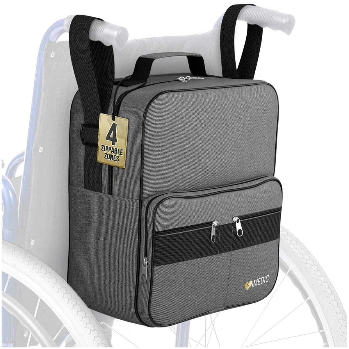 iMedic Deluxe Wheelchair Bag - Wheelchair Backpack - Wheelchair Bags for Back of Chair - Electric Wheelchair Accessories - Wheelchair Storage - Wheelchair & Mobility Scooter Bags & Baskets - Grey