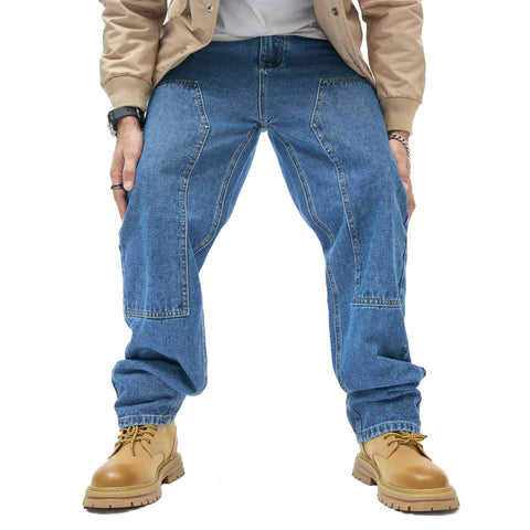 WEIBUMAOYI Men's Wide-Leg Jeans Straight Leg Carpenter Denim Pants Loose fit Trousers, Blue, 36