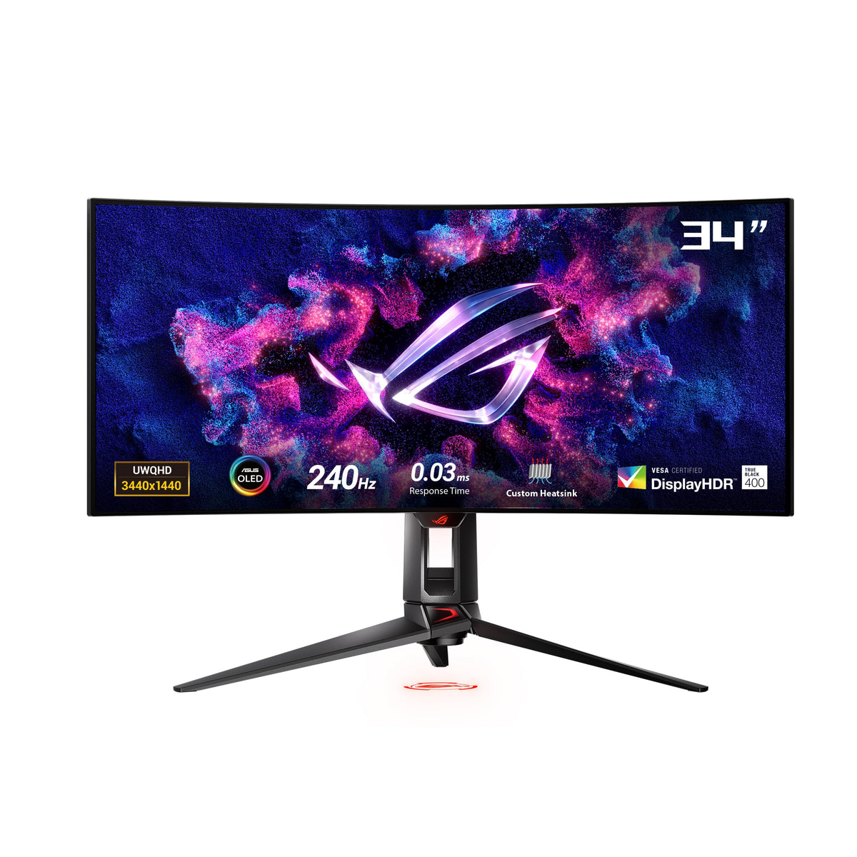 ASUS ROG Swift 34â€ OLED Ultrawide 800R Curved Gaming Monitor (PG34WCDM) - 21:9 (3440 x 1440), 240Hz, 0.03ms, G-SYNC Compatible, Custom Heatsink, Uniform Brightness, Smart KVM, USB-C 90W PD, 1300nits