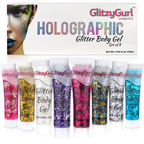 Holographic Glitter Face and Body Gel 8 Pack Cosmetic Glitter, Body Glitter, Hair Glitter, Festival Gel