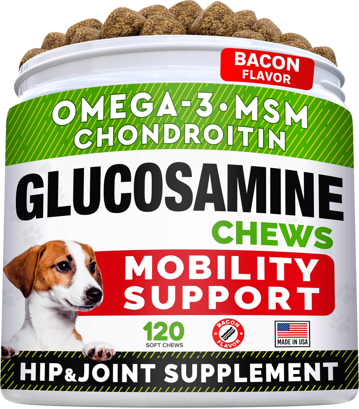Glucosamine Treats for Dogs - Joint Supplement w/Omega-3 Fish Oil - Chondroitin, MSM - Advanced Mobility Chews - Joint Pain Relief - Hip & Joint Care - Bacon Flavor - 120 Ct - Made in USA