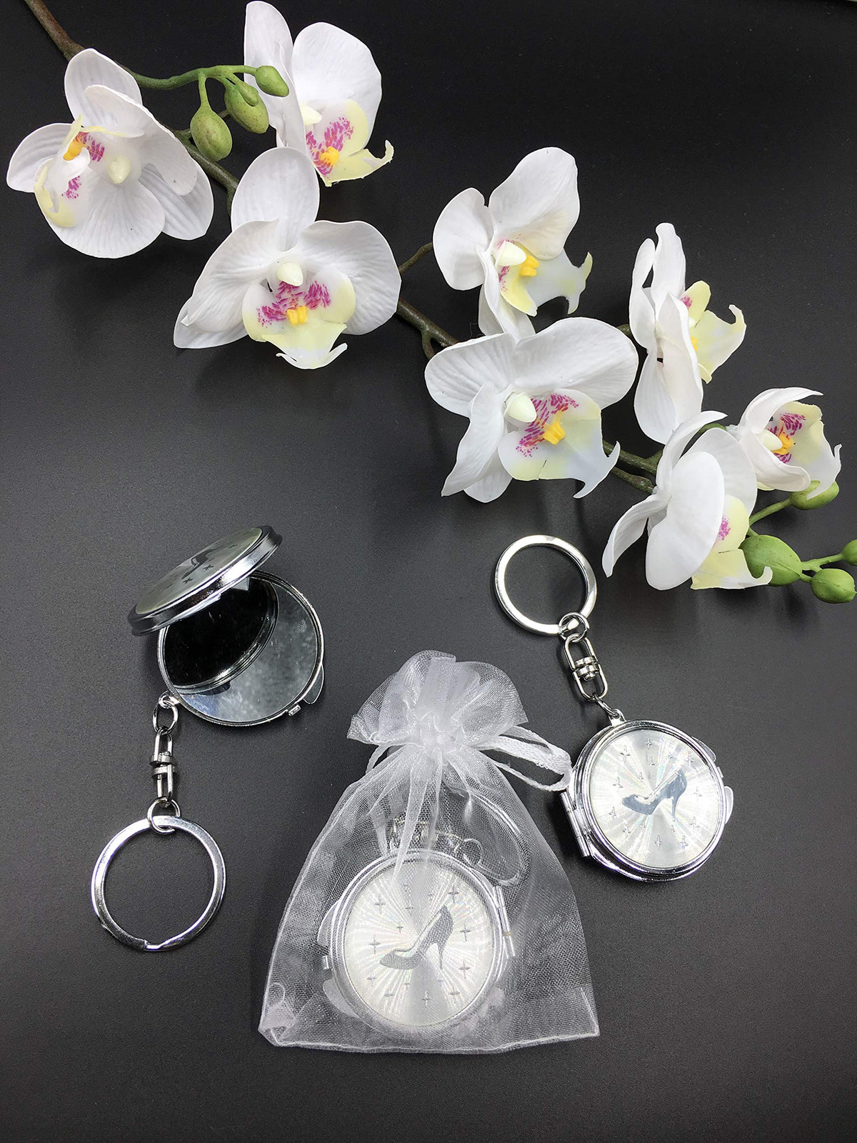 12 New QuinceaÃƒÆ’Ã‚Â±era Recuerdos. My Sweet 15 Shoe Design Celebration Gifts Silver Plate Mirror Keychain Party Favor Set With Organza Bags