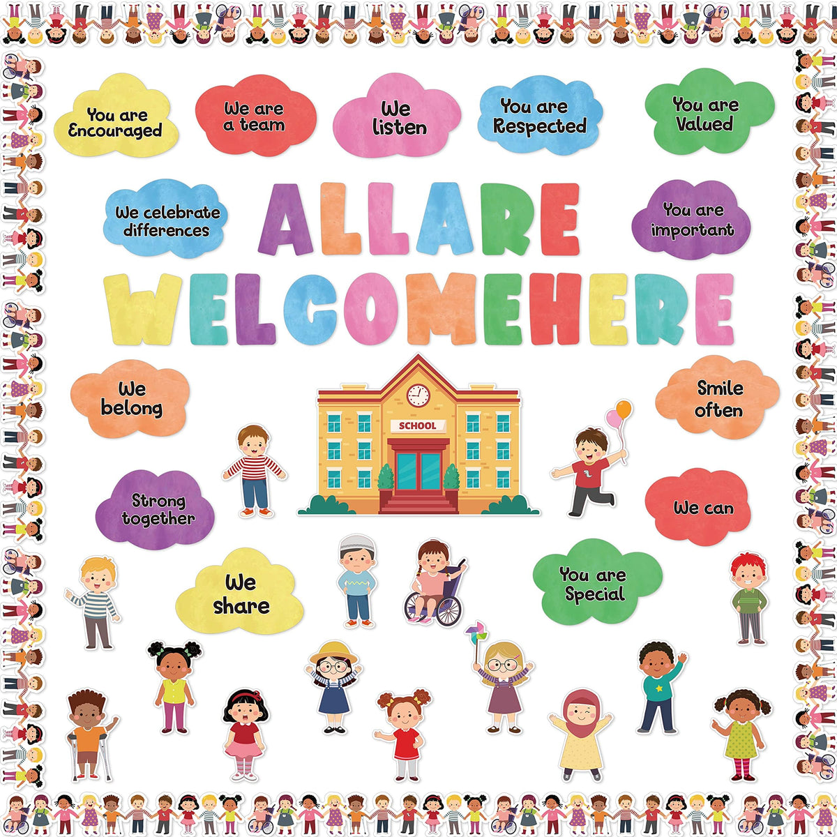 AsodSway Back to School 131P All are Welcome Bulletin Board Decor Cutouts Diversity Classroom Inspirational Words Diverse Students Borders Cut Outs for First Day of School Inspire Supplies