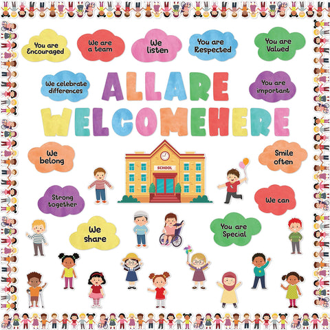 AsodSway Back to School 131P All are Welcome Bulletin Board Decor Cutouts Diversity Classroom Inspirational Words Diverse Students Borders Cut Outs for First Day of School Inspire Supplies