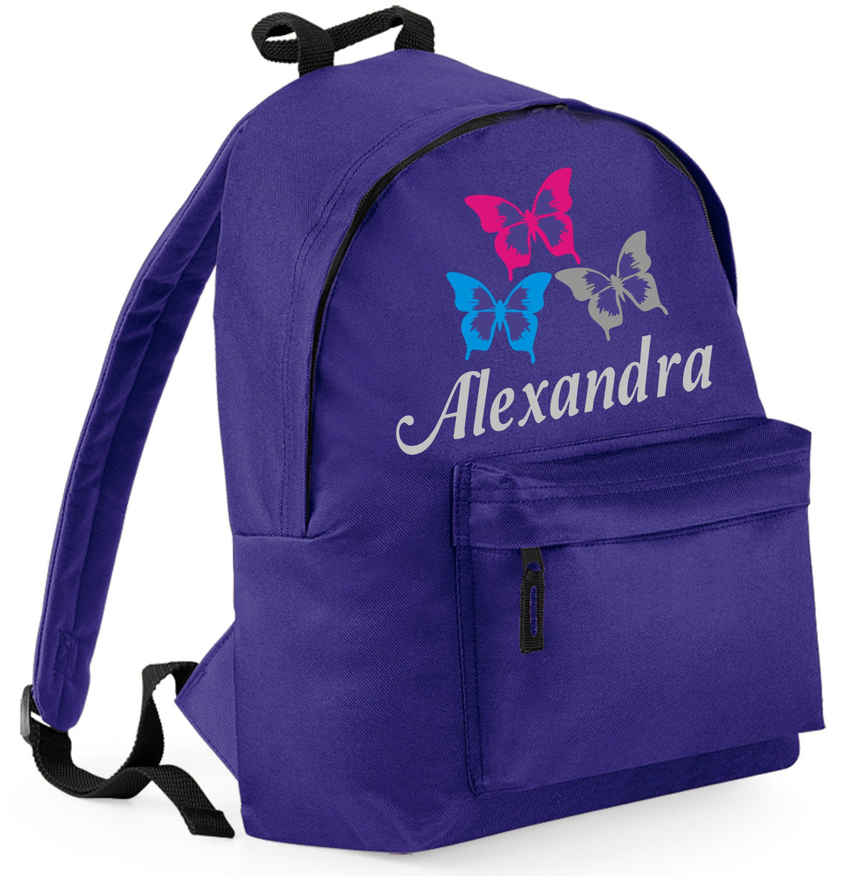 Edward Sinclair PERSONALISED | NAME BUTTERFLY DESIGN | Purple School Backpack | Blue, Silver & Pink Sparkling Glitter print