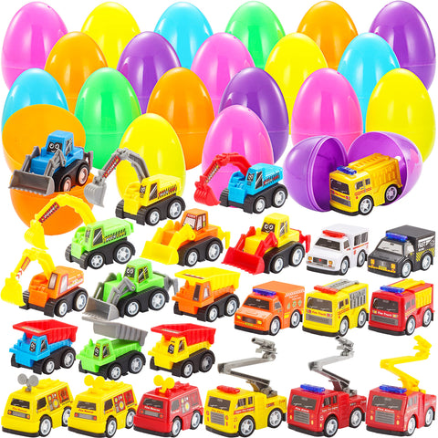 JOYIN 24 Pcs Filled Easter Eggs with Pull Back Construction Cars, Prefilled Easter Egg with Vehicle for Kid Boys, Easter Basket Hunt Stuffers/Fillers, Party Favor, Classroom Prize SuppliesÃƒÆ’Ã‚Â¢ÃƒÂ¢Ã¢â‚¬Å¡Ã‚Â¬Ãƒâ€šÃ‚Â¦