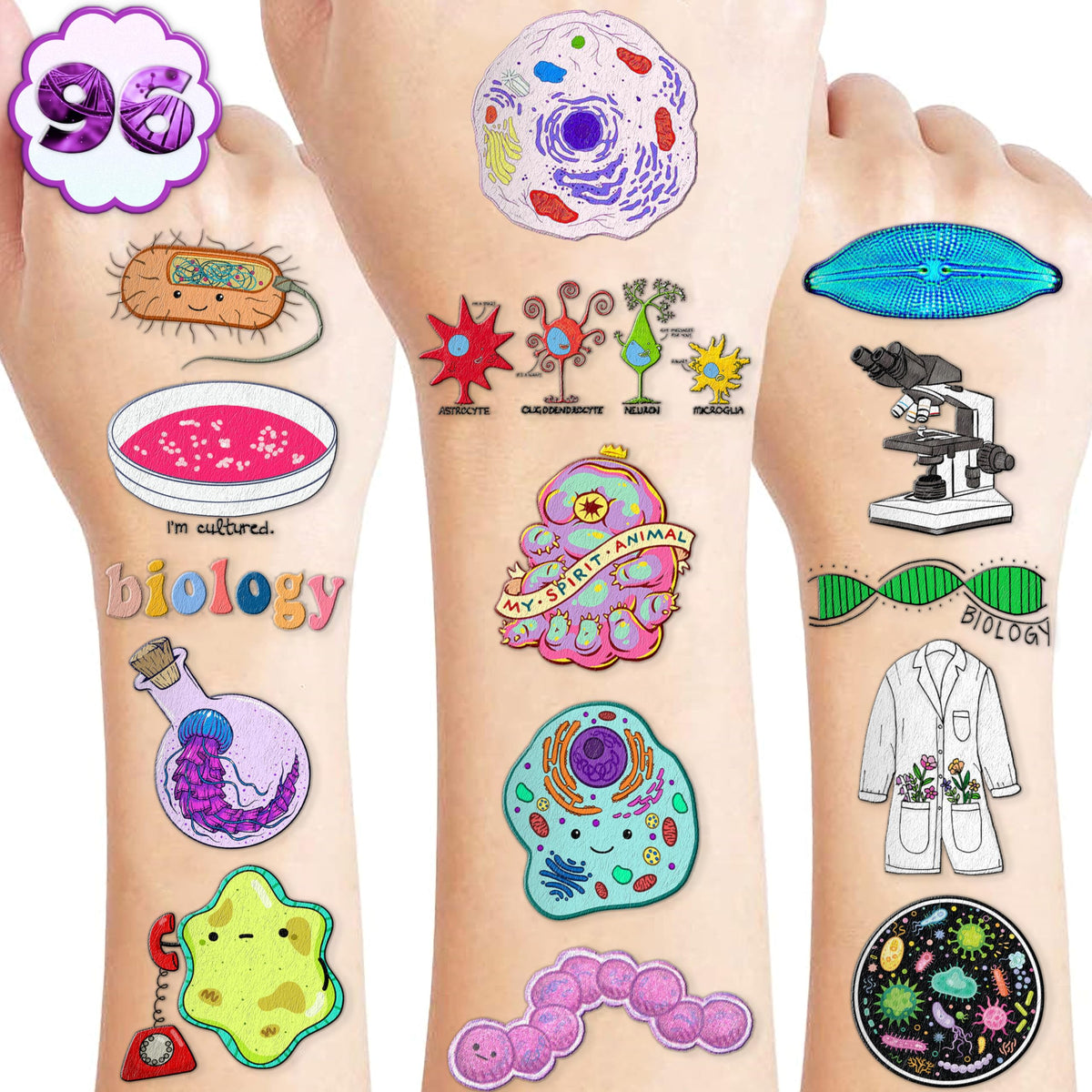 (96 PCS) Funny Biology Science Student Major Temporary Tattoos Birthday Themed Party Supplies Decorations Favors Cute Stickers Tattoo Gifts for Kids Girls Boys Teachers Decor School Reward Christmas