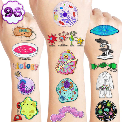 (96 PCS) Funny Biology Science Student Major Temporary Tattoos Birthday Themed Party Supplies Decorations Favors Cute Stickers Tattoo Gifts for Kids Girls Boys Teachers Decor School Reward Christmas