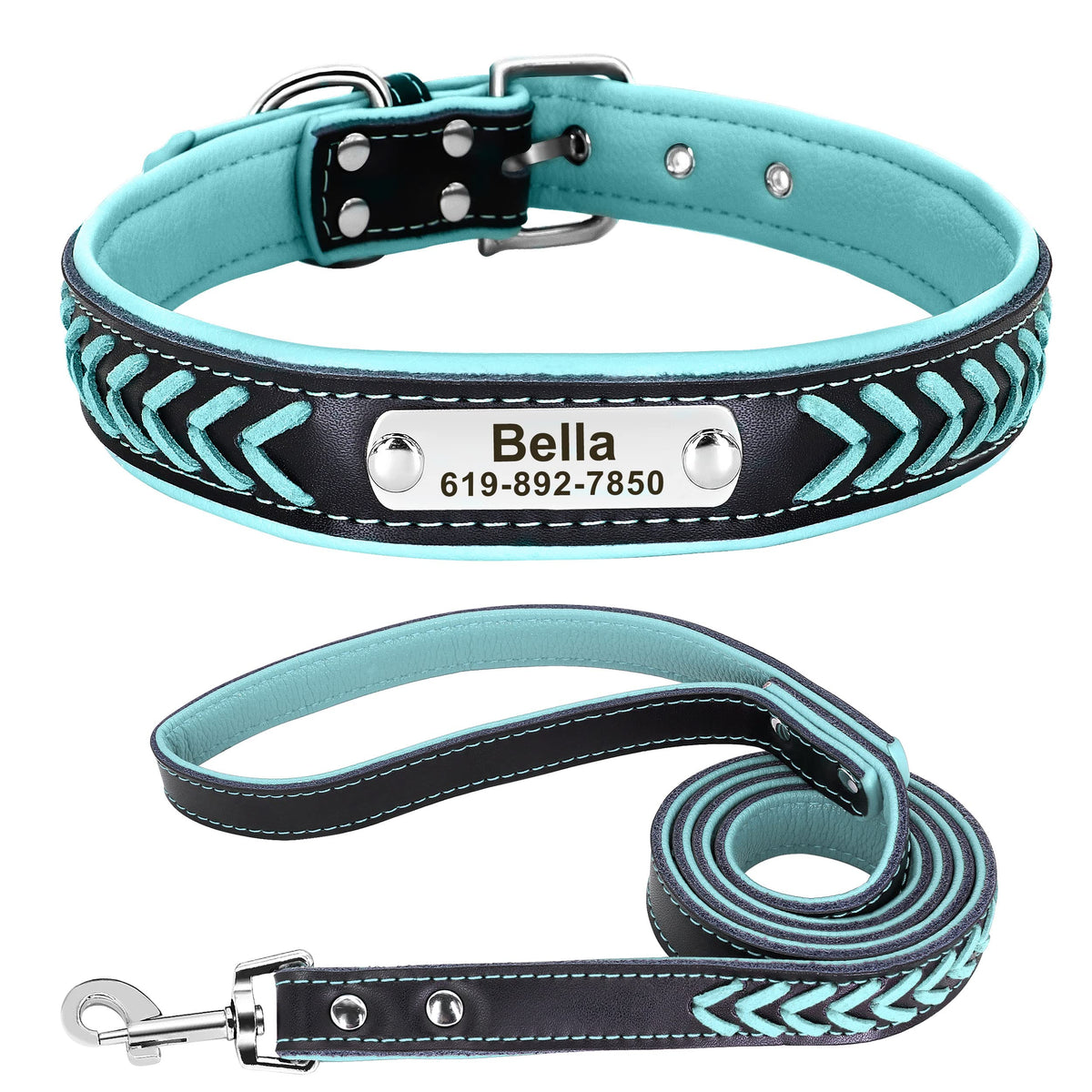 Didog 4 Feet Braided Custom Leather Dog Collar and Leash Set, Soft Padded Leather Dog Collars Personalized for Small Medium Large Dogs, Blue Set, S