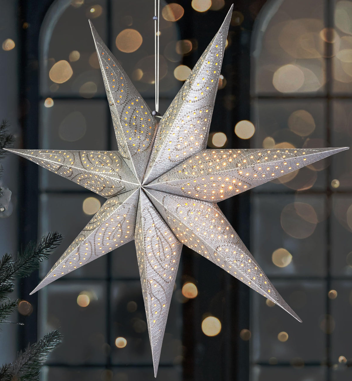 BRUBAKER 23.6 inches (60 cm) Paper Christmas Star for Hanging - LED Advent Star for Christmas Decoration and Windows - 3D Paper Star with Timer Function - Light Star Illuminable with Battery - Silver