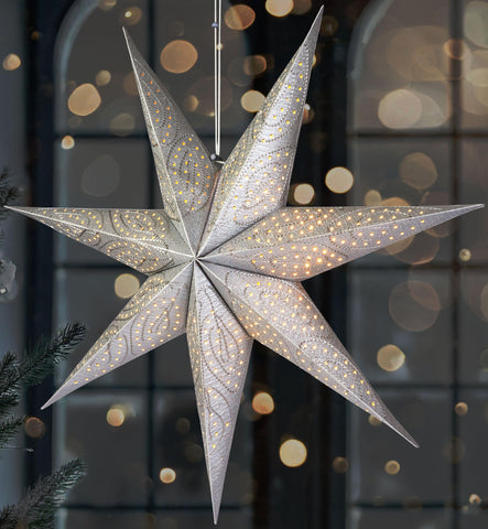 BRUBAKER 23.6 inches (60 cm) Paper Christmas Star for Hanging - LED Advent Star for Christmas Decoration and Windows - 3D Paper Star with Timer Function - Light Star Illuminable with Battery - Silver