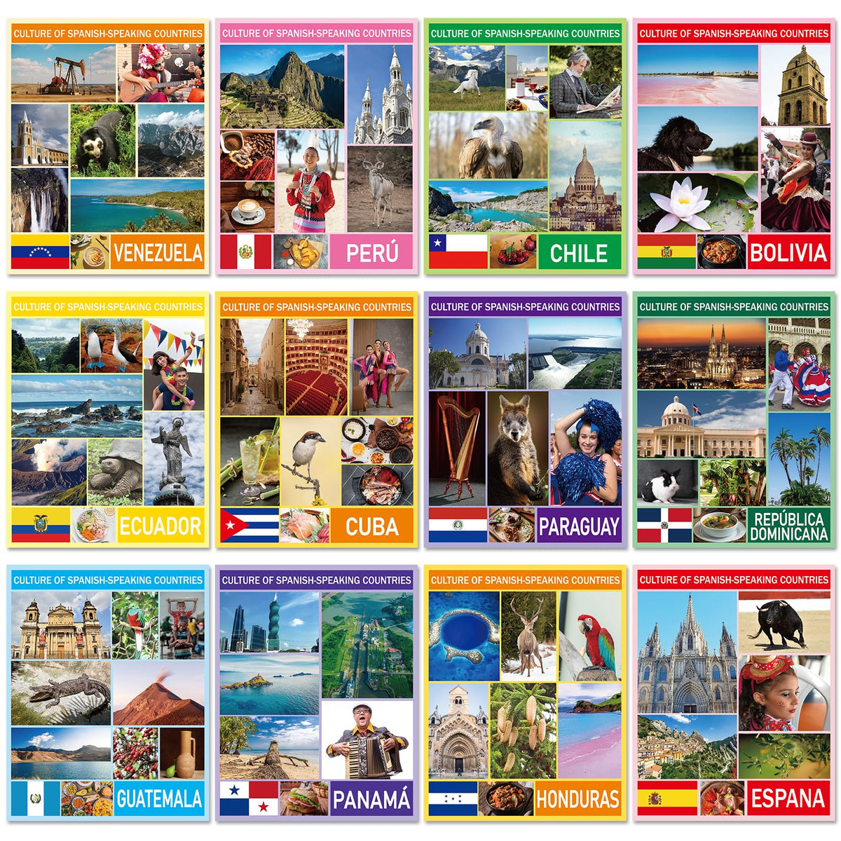gisgfim 20Pcs Spanish Speaking Countries Culture Posters Multicultural and Diversity Classroom Decorations Study Materials for Teachers Middle School High School Classroom Social Study Classroom Decor
