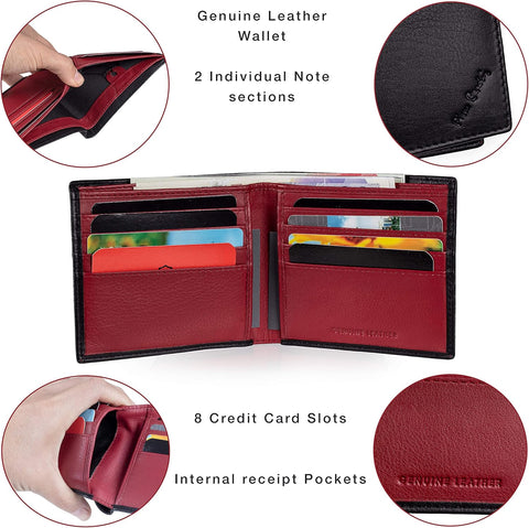 Mens Genuine Leather Wallet - Nappa by Pierre Cardin | RFID Blocking | Soft, Smooth, Durable & Crease Proof Bi-Fold Gents Wallet (Black/Red Inner)
