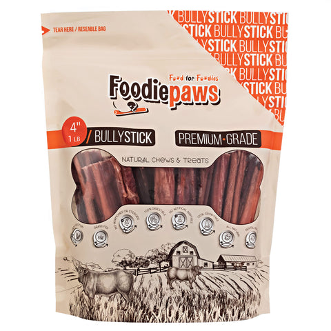 FOODIEPAWS All Natural 4-inch Bully Sticks Odor Free USA Packed for Small, Medium Dogs-100% Free-Range Grass-Fed Beef-Single Ingredient Grain & Rawhide Free-Longer Lasting Dental Dog Chews (1lb)