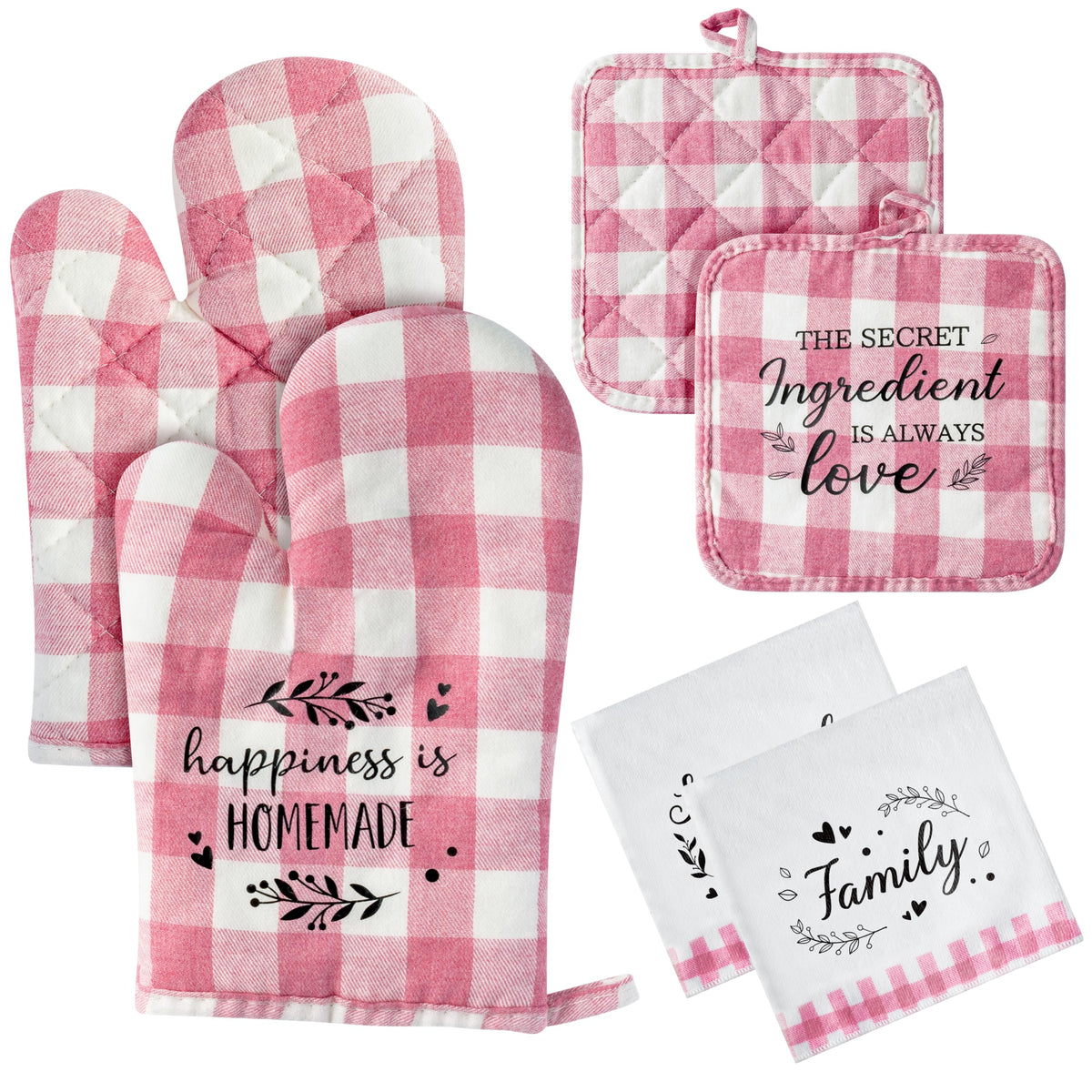 R HORSE Kitchen Towels Oven Mitt Set - 6PCS Pink Pot Holder Oven Glove Dish Towel Non-Slip Gloves Funny Dishcloth Kitchen Farmhouse Decor Cooking Baking Grilling Gift for Mom Hostess Housewarming