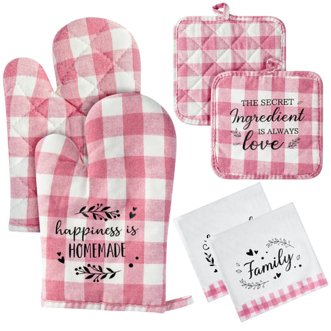 R HORSE Kitchen Towels Oven Mitt Set - 6PCS Pink Pot Holder Oven Glove Dish Towel Non-Slip Gloves Funny Dishcloth Kitchen Farmhouse Decor Cooking Baking Grilling Gift for Mom Hostess Housewarming