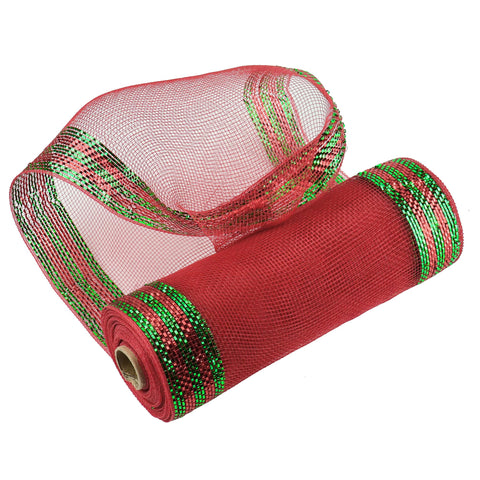 MEEDEE Red and Green Deco Mesh 10 Inch Roll Christmas Deco Mesh Red Mesh with Metallic Red & Green Stripes 10 Yards Christmas Mesh for Wreaths Christmas Mesh Ribbon for Christmas Tree, Bow Making