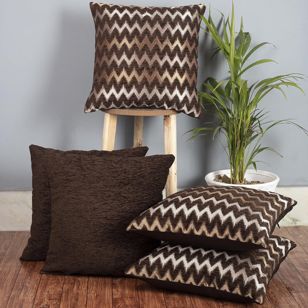 CAZIMO Jacquard Geometric Chevron Cushion Covers - Set of 5, 16 * 16 inches, (Brown)