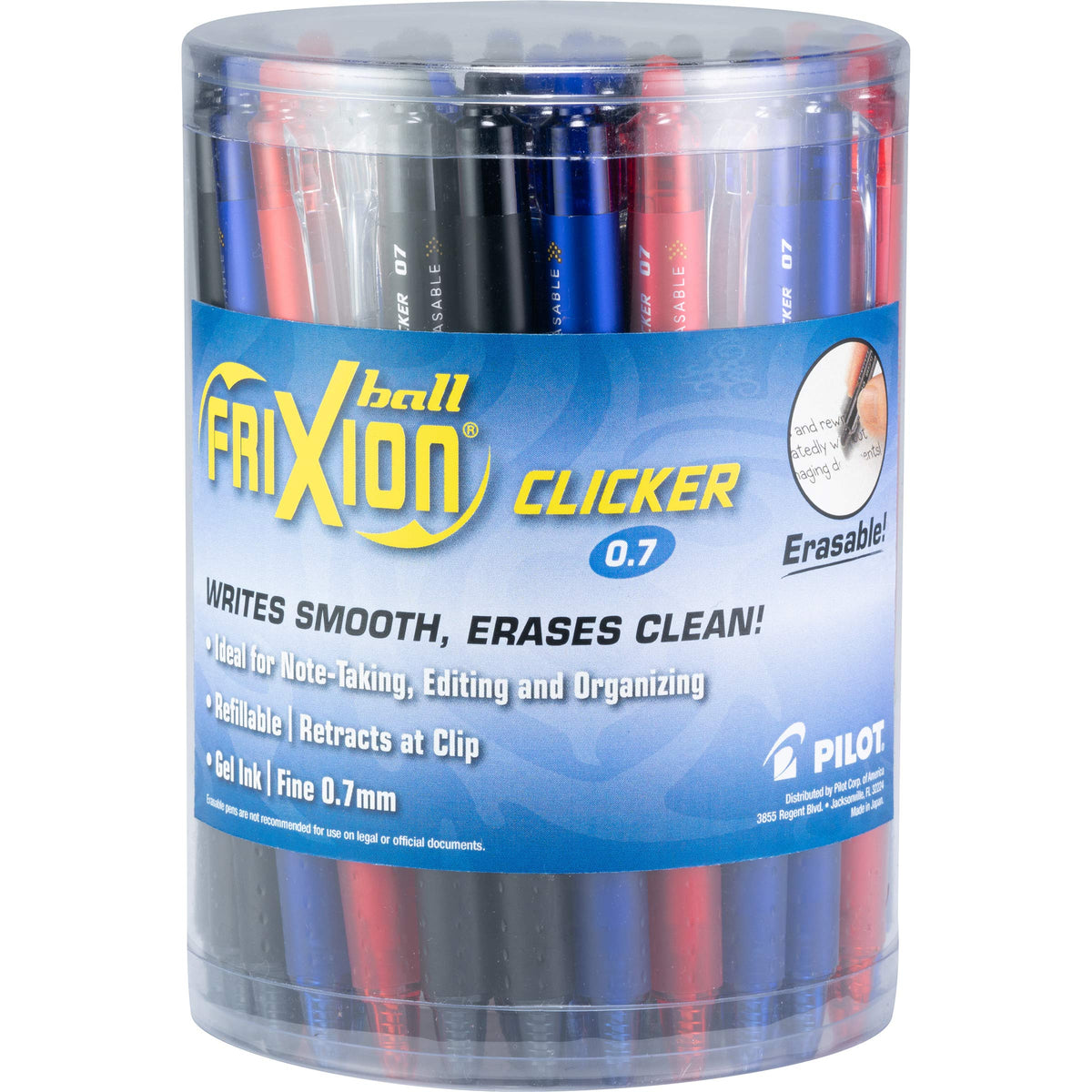 Pilot, FriXion Clicker Erasable Gel Pens, Fine Point 0.7 mm, Tub of 36, Black, Blue & Red