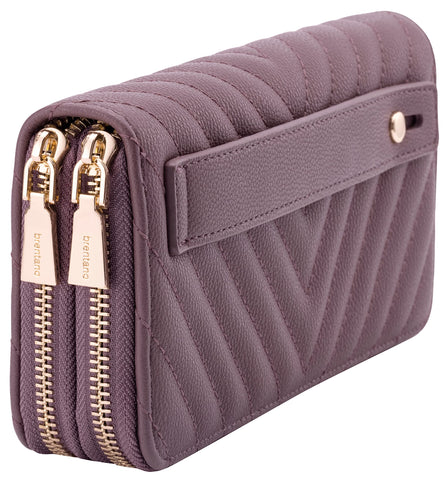 B BRENTANO Vegan Leather Double Zipper Pocket Wallet with Grip Hand Strap, Chevron Embroidered Purple, Wallet With Hand Grip