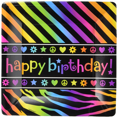 Amscan Vibrant Neon Birthday Party Dinner Paper Plates Disposable Tableware (8 Pack), 10", Multicolor