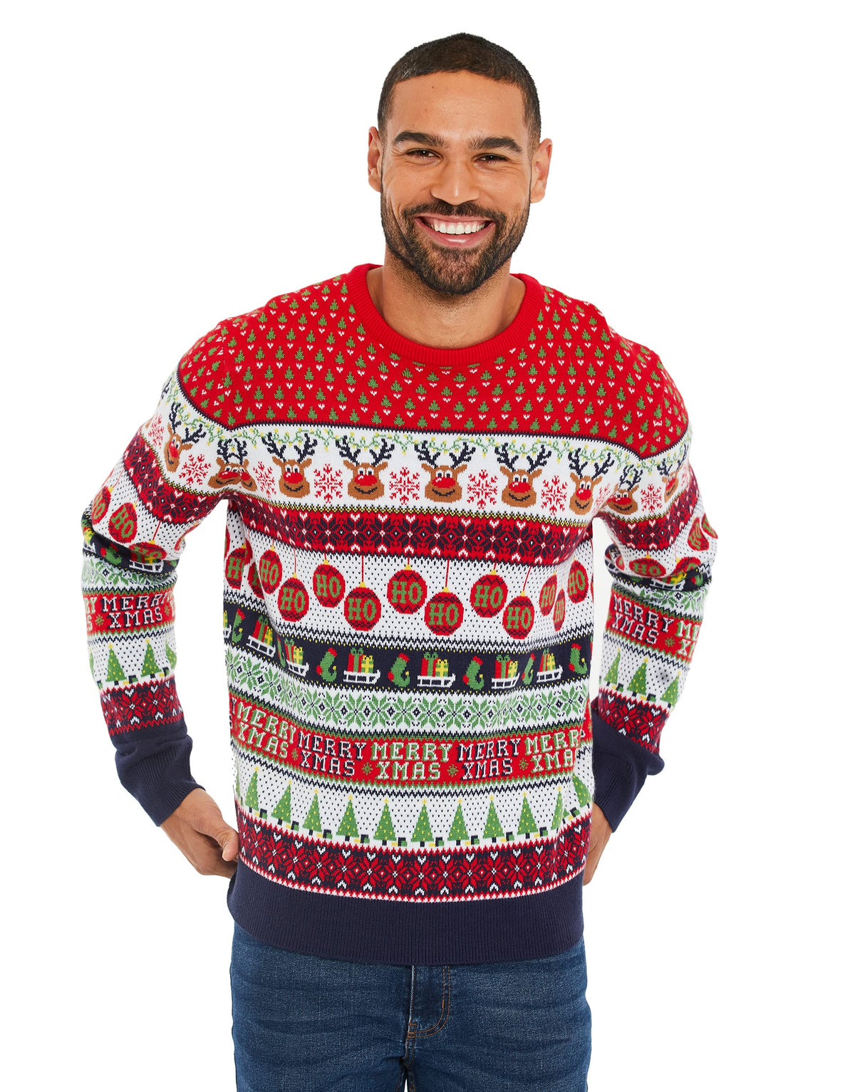 NOROZE Men's Christmas Jumper Novelty Fair Isle Sweater Chunky Knit Xmas Jumpers for Women Unisex Pullover (XXL, Reindeer Stripe Ecru)