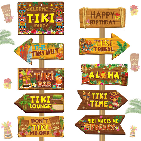 Colarr 20 Pieces Tiki Totem Birthday Party Decorations Hawaiian Luau Party Directional Sign for Aloha Hawaii Luau Tropical Party Supplies, 10 Styles