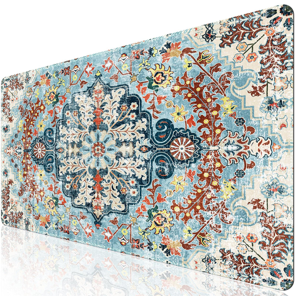 iLeadon boho XXL Gaming Mouse Pad,Large Desk Cover Mat with Smooth Lycra Surface,Long Full Mouse Pad for Laptop,Rubber Base Mousepad with Stitched Edges,Keyboard Mat for Office,Home (Blue Boho Floral)