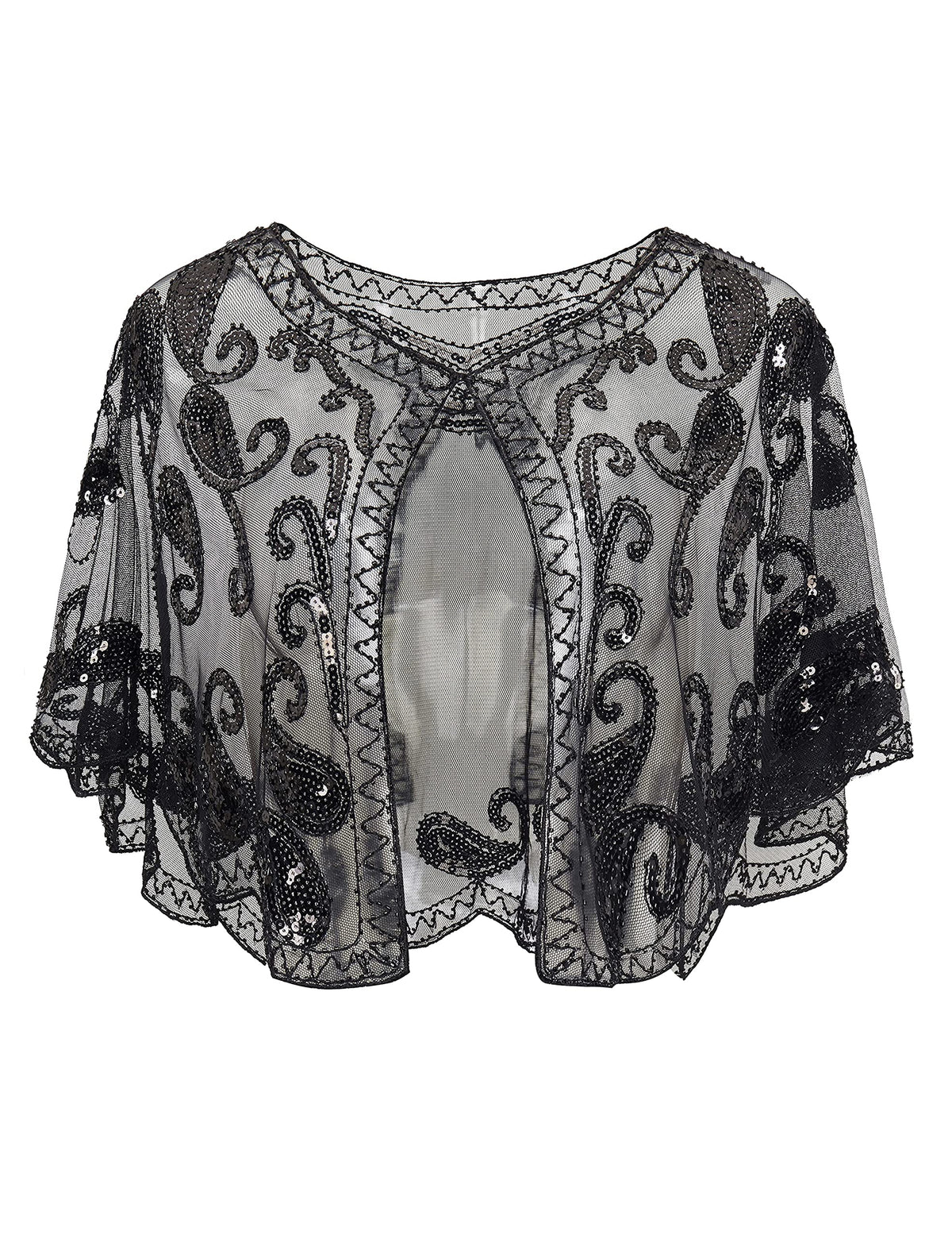 ArtiDeco Women's 1920s Shawl Sequin Beaded Art Deco Evening Cape Vintage Shawl Wraps (Black), Free, Black