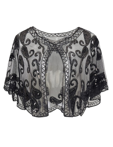 ArtiDeco Women's 1920s Shawl Sequin Beaded Art Deco Evening Cape Vintage Shawl Wraps (Black), Free, Black