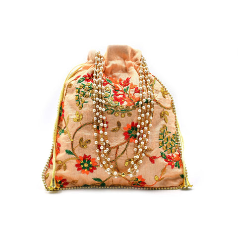 Indian Handmade Potli Bag Women's Embroidered Clutch Purse Pouch Drawstring Bag Wedding Favor Return Gift For Guests, Peach