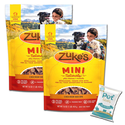 (2 Pack) Zuke Mini Naturals Dog Treats Chicken Flavor 16 oz (1 Lb) with 10ct Pet Wipes