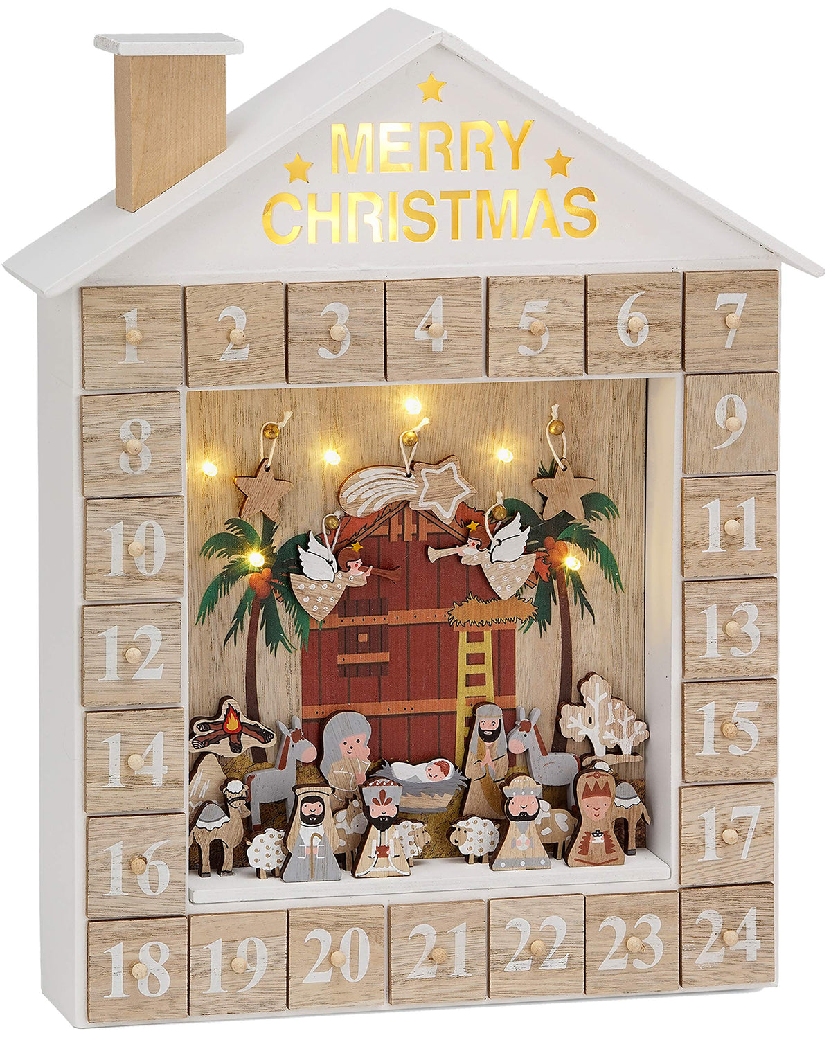 BRUBAKER Reusable Wooden Advent Calendar to Fill - Bible Story Crib with LED Lighting - DIY Christmas Calendar 12.40 x 15.04 x 2.48 inches