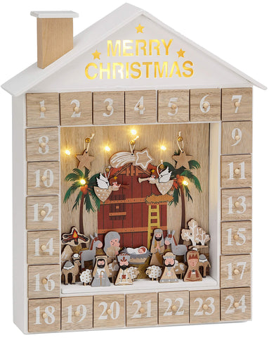 BRUBAKER Reusable Wooden Advent Calendar to Fill - Bible Story Crib with LED Lighting - DIY Christmas Calendar 12.40 x 15.04 x 2.48 inches