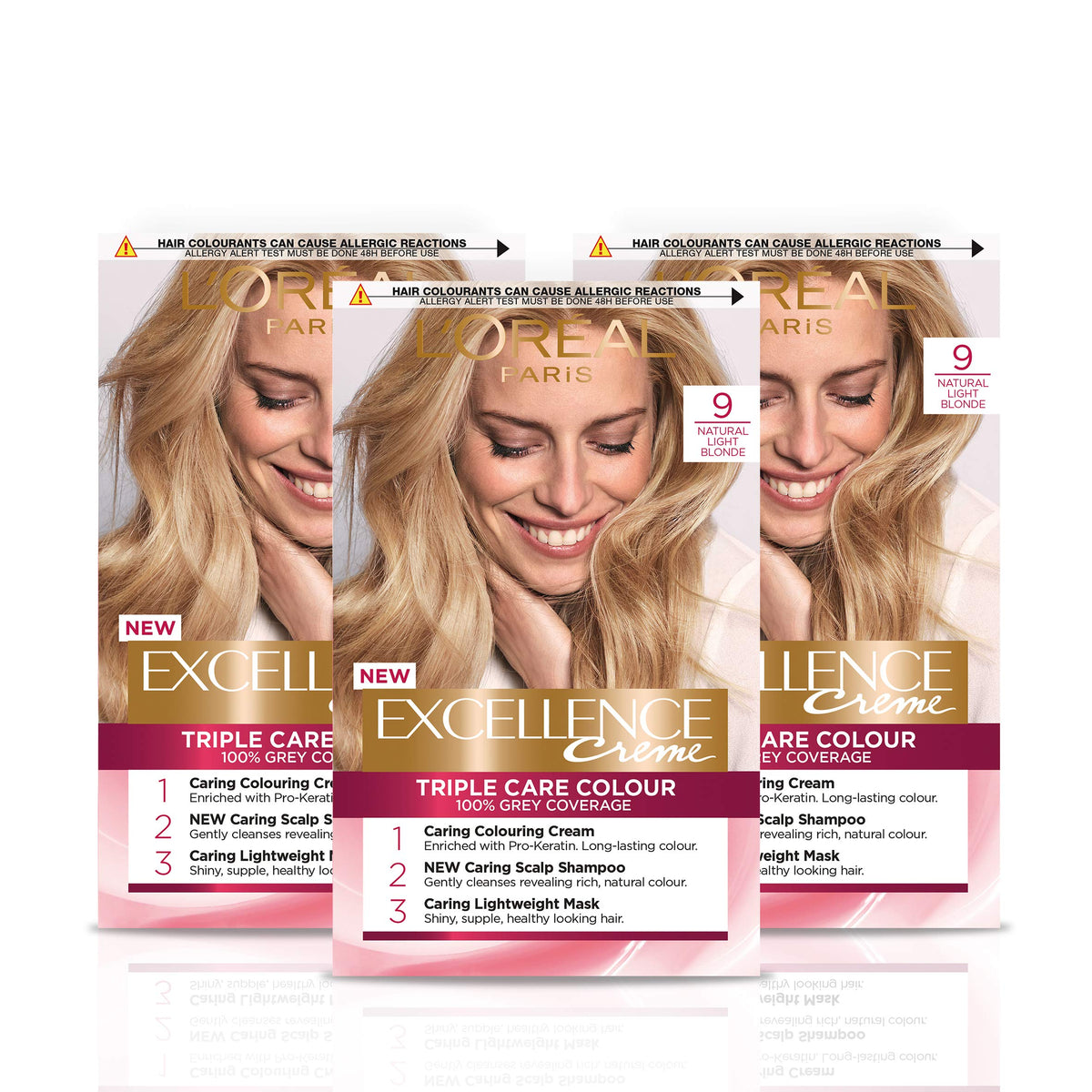 LOrÃƒÆ’Ã†â€™Ãƒâ€šÃ‚Â©al Paris Excellence CrÃƒÆ’Ã†â€™Ãƒâ€šÃ‚Â¨me Permanent Hair Dye, Radiant At-Home Hair Colour with up to 100% Grey Coverage, Pro-Keratin, Up to 8 Weeks of Colour, Pack of 3, Colour: 9 Natural Light Blonde