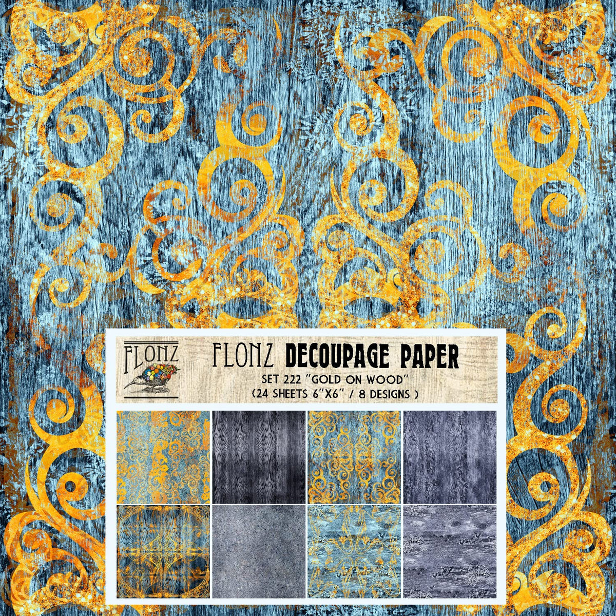 Decoupage Paper Pack (24 Sheets 6"x6") Gold on Old Wood # Vintage Styled Seamless Art Deco Pattern Paper for Decoupage, Craft and Scrapbooking