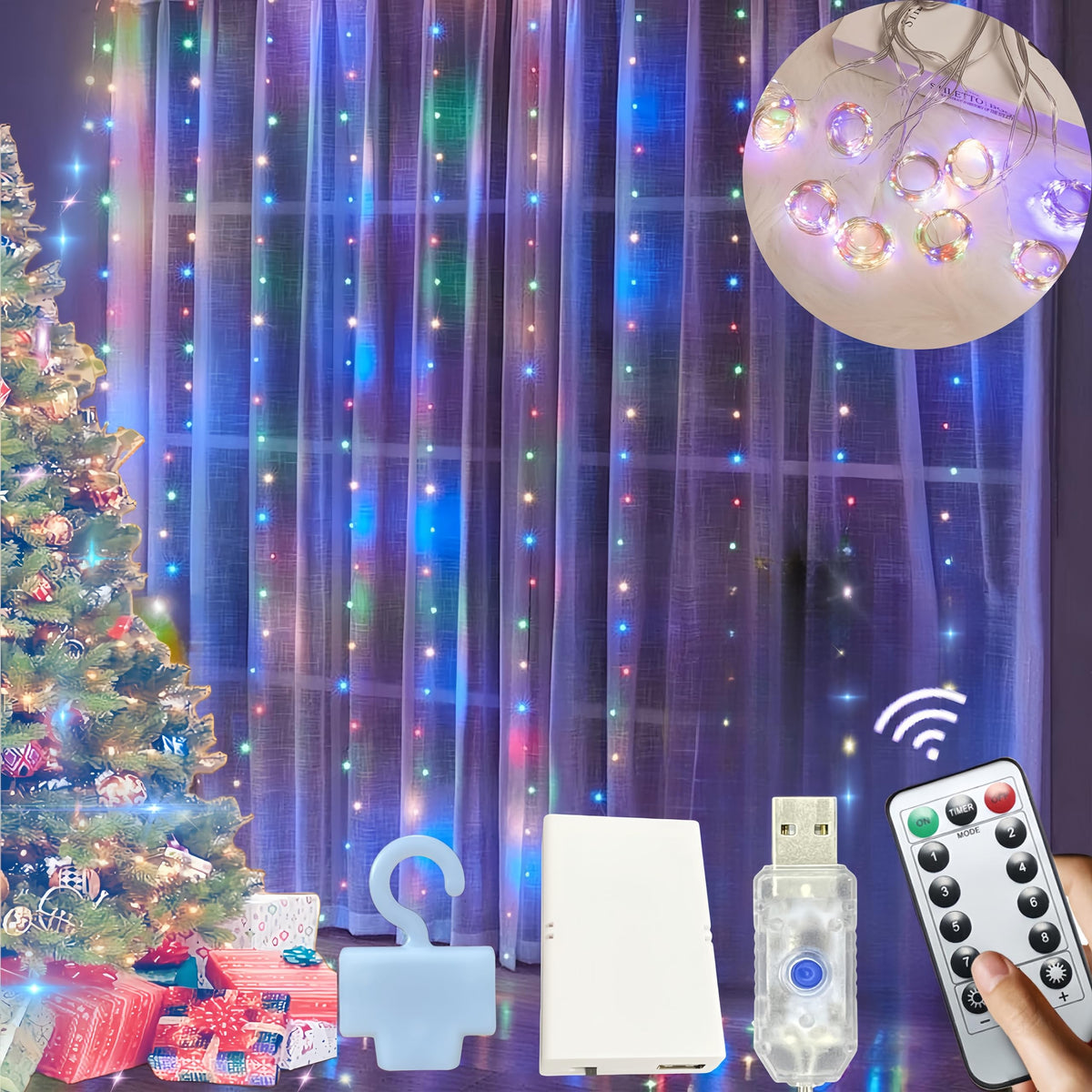 Microwear LED Light Curtain 3 x 3 m, 300 LEDs Fairy Lights, 8 Modes, Indoor Fairy Lights, USB Connection, with Remote Control, for Indoor Lighting, Party Decoration, Valentine's Day, Multicoloured
